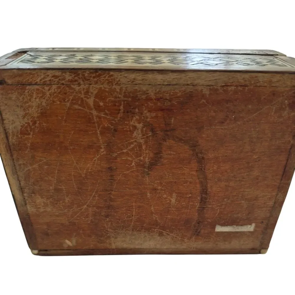 Vintage Wood & Mother of Pearl Inlaid Mosaic Box Trinket Jewelry Catchall Small